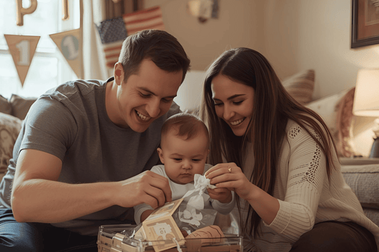 Parents adding items to a first birthday time capsule for baby