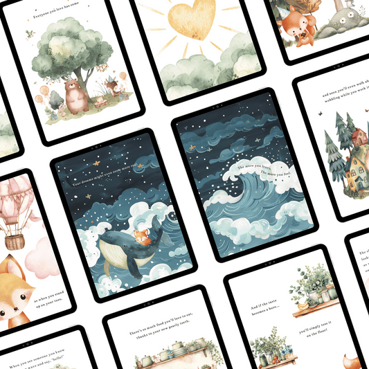 Collection of illustrated cards displaying ebook interior of Onederland childrens picture book with various scenes and characters on a white background